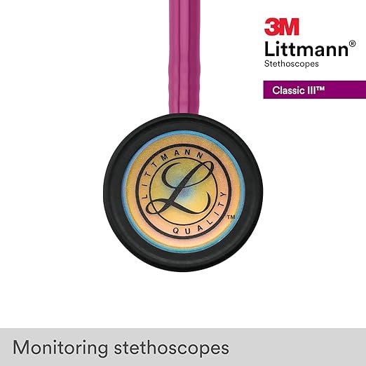 3M Littmann Classic III Monitoring Stethoscope, 5806, More Than 2X as Loud, Weighs Less, Stainless Steel Rainbow-Finish Chestpiece, 27" Raspberry Tube, Brass Stem and Headset