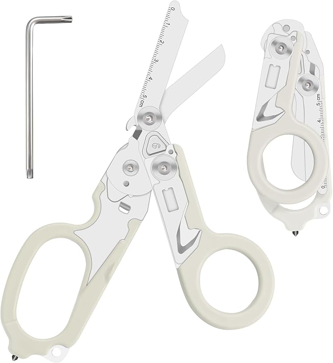 6 in 1 trauma shears, folding emergency shear, Outdoor Camping Tools, Seat Belt Cutter, Oxygen Cylinder Wrench, Complimentary Adjustable Wrench (Luminous Silver)