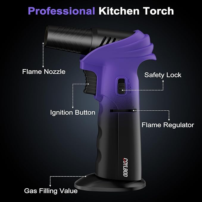 Butane Torch Lighter, 0-90°Rotating Angle Butane Lighter, Refillable Kitchen Torch with Safety Lock, Adjustable Flame for Soldering (Purple and Black)