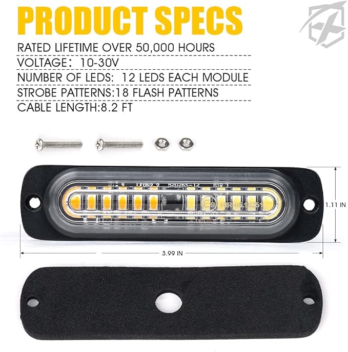 Xprite White Amber 12 LED Emergency Strobe Lights Kit Surface Flush Mount Side Marker Grill Grille Hazard Warning Flashing Light Head for Off-Road Vehicles ATV Trucks Cars - 8PCS