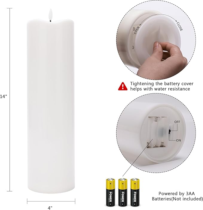 4" x14" Outdoor Candles with Timer Waterproof Large Flickering Flameless Candles with Remote Tall White Pillar Candles for Indoor Outdoor Use, 1Pack