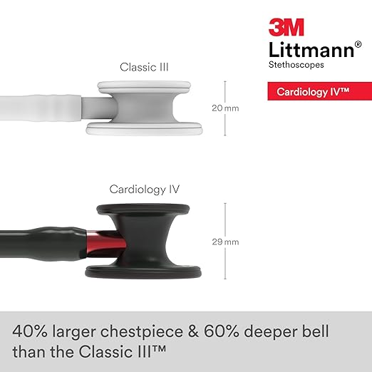 3M Littmann Cardiology IV Diagnostic Stethoscope, 6200, More Than 2X as Loud, Weighs Less, Stainless Steel Black-Finish Chestpiece, 27" Black Tube, Red Stem, and Headset