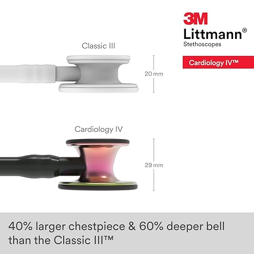 3M Littmann Cardiology IV Diagnostic Stethoscope, 6165, More Than 2X as Loud, Weighs Less, Stainless Steel Rainbow-Finish Chestpiece, 27" Black Tube, Stem, and Headset