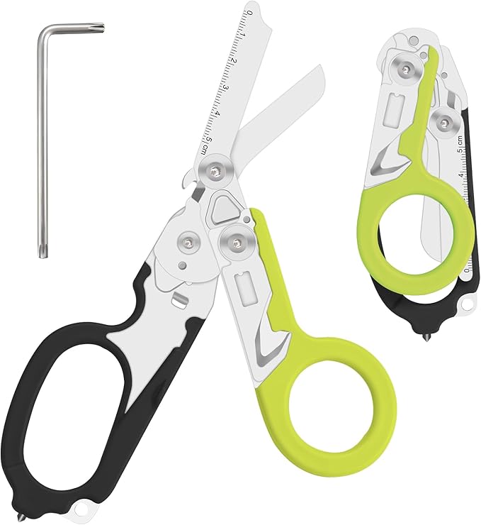 6 in 1 Multifunctional Combination Tool, Folding Retractable Emergency Shears, Outdoor Camping Tools, Seat Belt Cutter, Oxygen Cylinder Wrench, Complimentary Adjustable Wrench (dark green)
