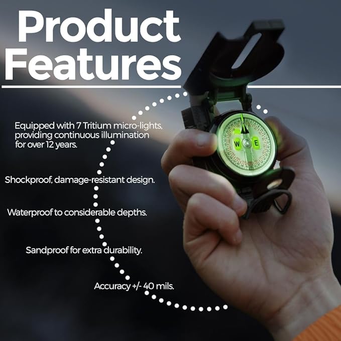 Cammenga Official US Military Tritium Lensatic Compass, Accurate Waterproof Hand Held Compasses with Pouch for Hiking Camping Navigation Survival Backpacking Orienteering
