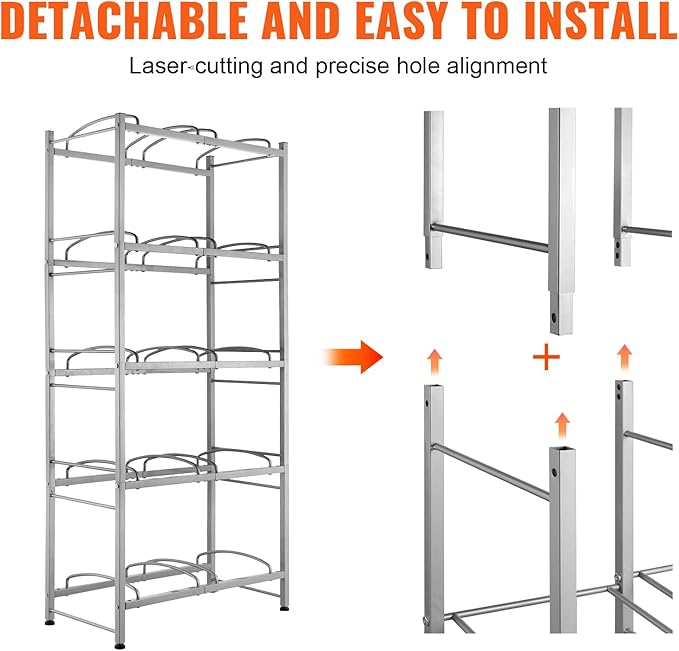 VEVOR 5 Gallon Water Jug Holder, 5 Tiers Double Row Heavy Duty Water Bottle Rack with 10 Slots, Detachable Water Jug Stand for Kitchen, Office, Living Room- Silver