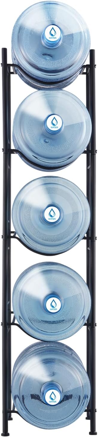 VEVOR 5 Tiers Water Jug Holder, 5 Gallon Water Bottle Holder, Single Row Water Bottle Rack for 5 Bottles, Heavy Duty Water Jug Rack for Kitchen, Office, Living Room, Black