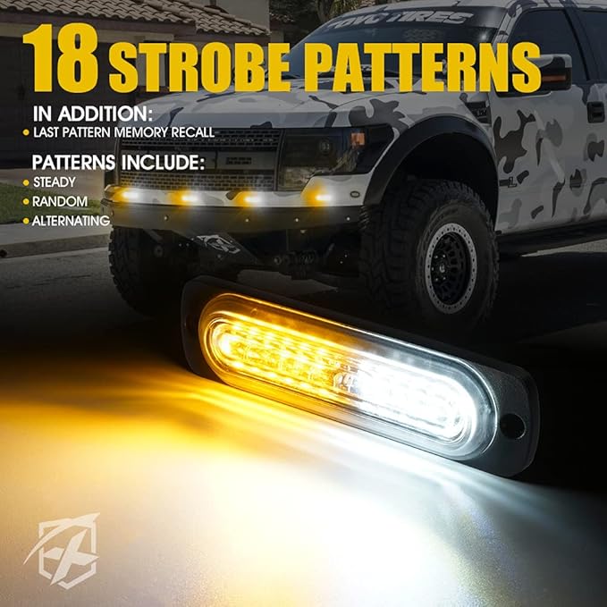 Xprite White Amber 12 LED Emergency Strobe Lights Kit Surface Flush Mount Side Marker Grill Grille Hazard Warning Flashing Light Head for Off-Road Vehicles ATV Trucks Cars - 8PCS