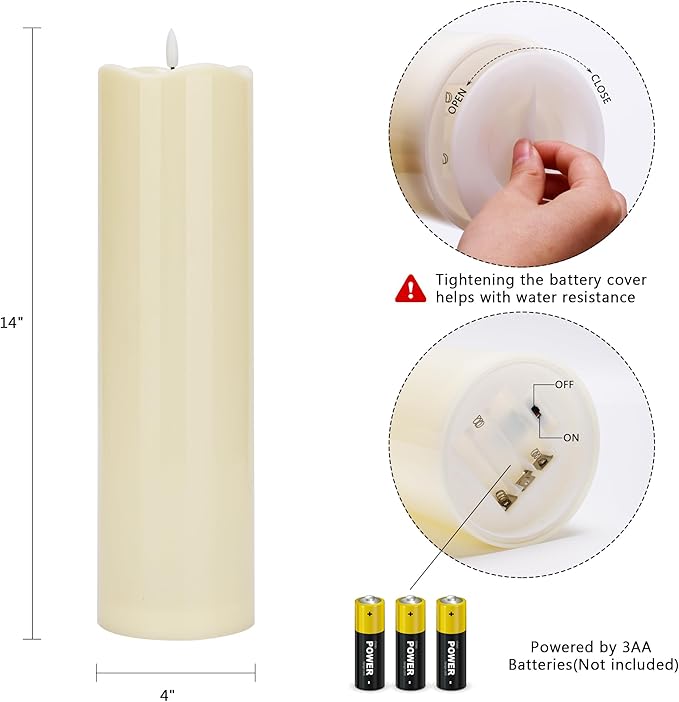 4" x14" Outdoor Candles with Timer Waterproof Large Flickering Flameless Candles with Remote Plastic Tall Pillar Candles for Indoor Outdoor Use, Ivory 1Pack