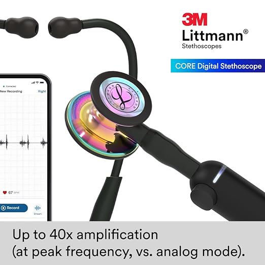 3M Littmann CORE Digital Stethoscope, Our Most Advanced Stethoscope Yet, Up To 40x Amplification, Active Noise Cancellation, In-App Sound Wave Visualization, High Polish Rainbow Chestpiece, 8570