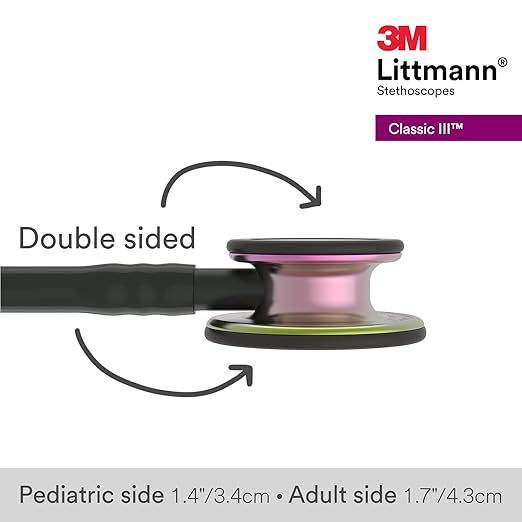 3M Littmann Classic III Monitoring Stethoscope, 5870, More Than 2X as Loud, Weighs Less, Stainless Steel Rainbow-Finish Chestpiece, 27" Black Tube, Stem and Headset