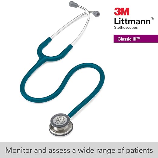 3M Littmann Classic III Monitoring Stethoscope, 5623, More Than 2X as Loud, Weighs Less, Stainless Steel Chestpiece, 27" Caribbean Blue Tube