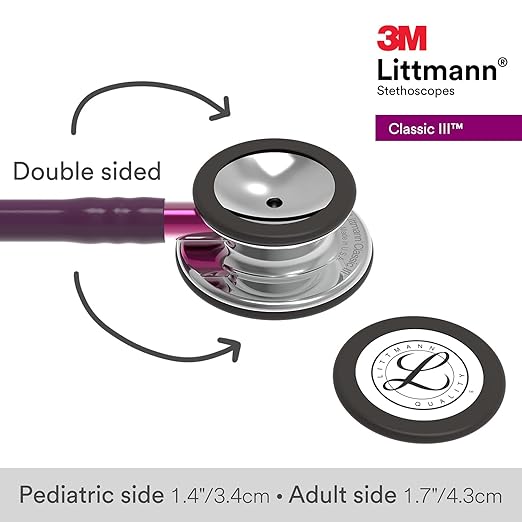 3M Littmann Classic III Monitoring Stethoscope, 5960, More Than 2X as Loud, Weighs Less, Stainless Steel Mirror-Finish Chestpiece, 27" Plum Tube, Pink Stem, and Smoke Headset