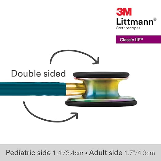 3M Littmann Classic III Monitoring Stethoscope, 5807, More Than 2X as Loud, Weighs Less, Stainless Steel Rainbow-Finish Chestpiece, 27" Caribbean Blue Tube, Brass Stem and Headset