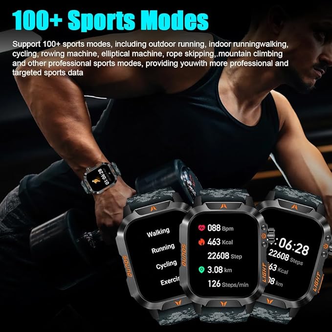 QTLLBT Men's Military Smart Watch HD Compass Altimeter Barometer Fitness Tracker Sports Watch Pedometer Mountaineering Watch Sleep Monitoring Function Men's and Women's Watches