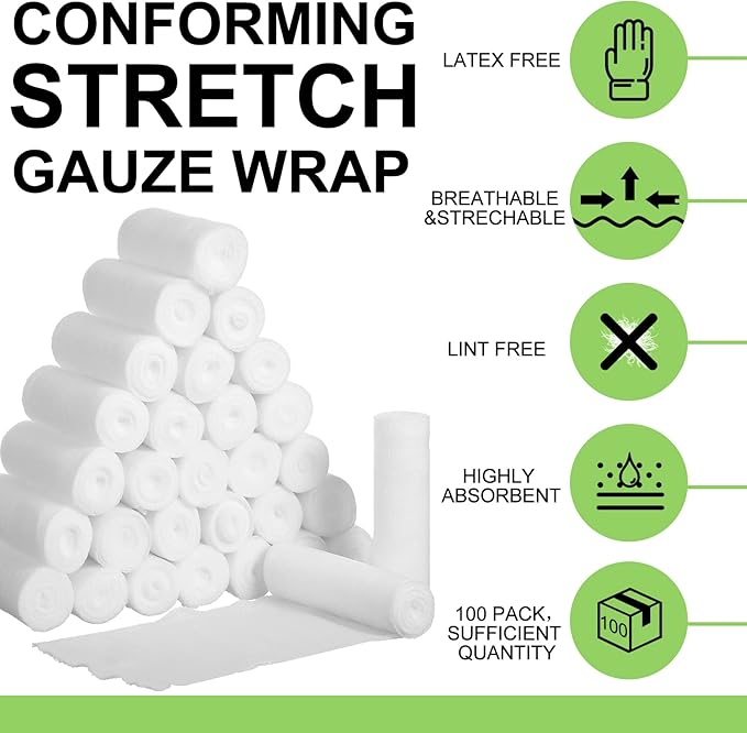 Treela 100 Rolls Gauze Bandage, 4 in x 5 Yards, Elastic Bandages Individual Packaging Sterile Non Latex First Aid Pads Medical Breathable Gauze Roll Wrap for Safety Wound Caring and Supplies