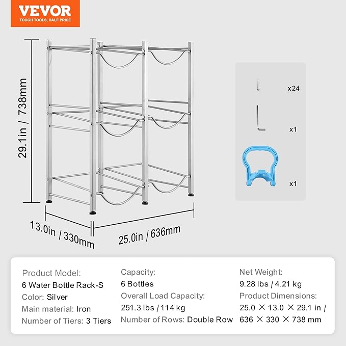 VEVOR 5 Gallon Water Jug Holder, 3 Tiers Double Row Heavy Duty Water Bottle Rack with 6 Slots, Detachable Water Jug Stand for Kitchen, Office, Living Room- Silver