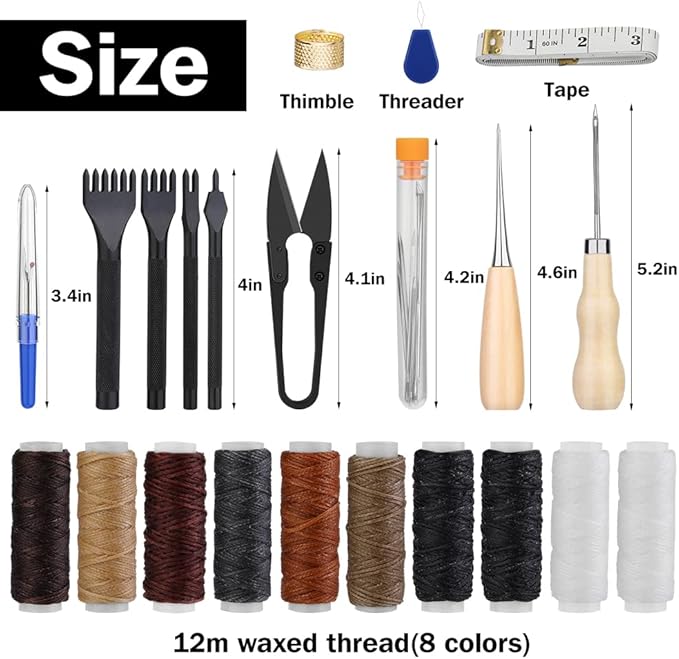 Yizzvb 46 Pcs Leather Stitching Sewing Kit,Sewing Tools Kit with 4mm Lacing Stitching Chisel, Waxed Thread and Large-Eye Needles for Leather Craft Projects DIY Sewing Work