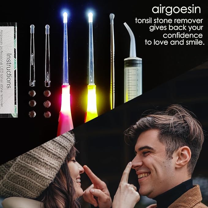 Airgoesin™ 6.75 inch Tonsil Stone Remover LED Tool Kit - 2 Sets, Oral Irrigation Syringe & Stainless Steel Pick, Tonsil Stone Removal Kit for Breath Freshening