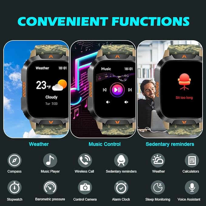 QTLLBT Military Outdoor Watch Altimeter Barometer Compass Tactical Smart Fitness Watch Heart Rate Sleep Monitor 100+ Sport Modes Fitness Available for Android and iOS (Camouflage Yellow)