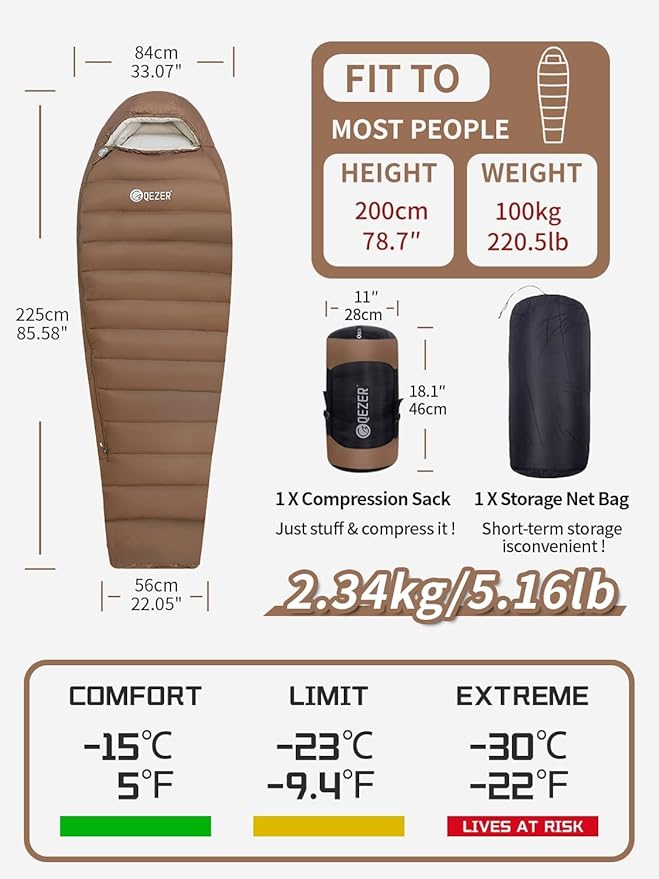 0 Degree Sleeping Bag for Adults - 660 Fill Power Down Bag for Cold Weather -20F / -8F / 0F / 10F Large Lightweight
