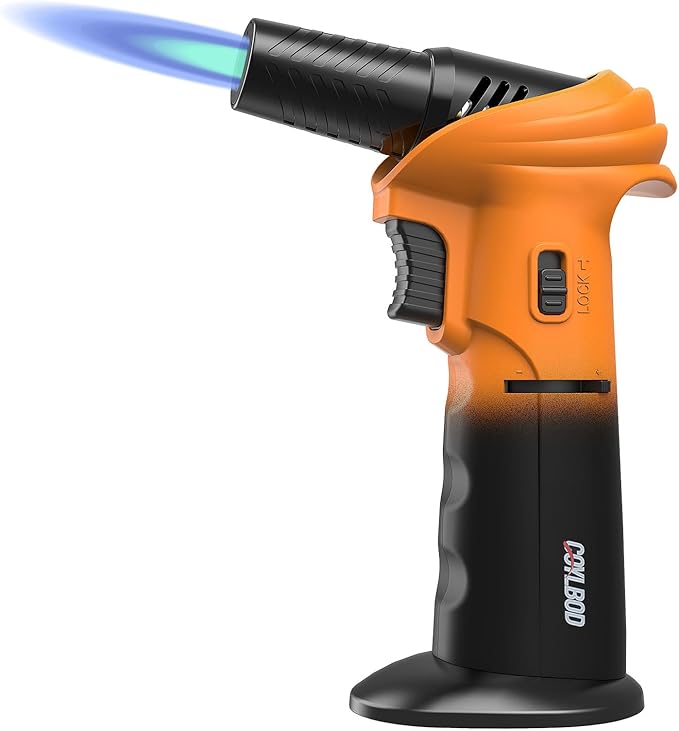 Butane Torch Lighter, 0-90°Rotating Angle Butane Lighter, Refillable Kitchen Torch with Safety Lock, Adjustable Flame for Soldering (Orange and Black)