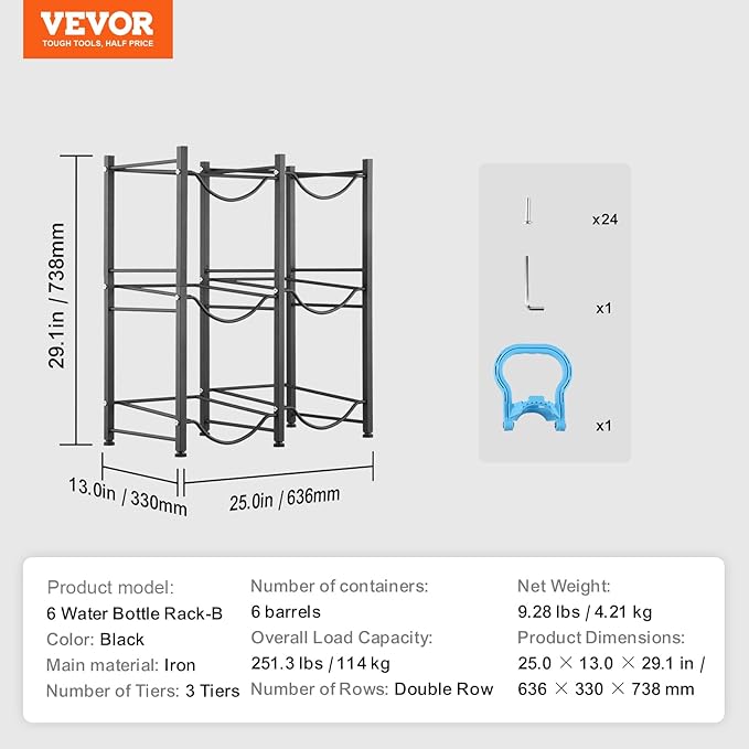 VEVOR 5 Gallon Water Jug Holder, 3 Tiers Double Row Heavy Duty Water Bottle Rack with 6 Slots, Detachable Water Jug Stand for Kitchen, Office, Living Room- Black