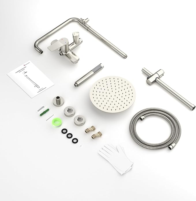 Rainsworth Outdoor Shower Kit Brushed Nickel - Single Handle Brass Valve, 10 Inch Rain Shower Head and Handheld Spray Shower Fixture Combo, SUS 304 Stainless Steel Wall-Mounted Faucet