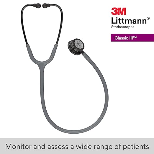 3M Littmann Classic III Monitoring Stethoscope, 5873, More Than 2X as Loud, Weighs Less, Stainless Steel Smoke-Finish Chestpiece, Grey Tube, 27" Violet Gray Stem, and Smoke Headset
