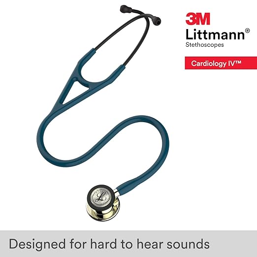 3M Littmann Cardiology IV Diagnostic Stethoscope, 6190, More Than 2X as Loud, Weighs Less, Stainless Steel Champagne-Finish Chestpiece and Stem, 27" Caribbean Blue Tube, Black Headset
