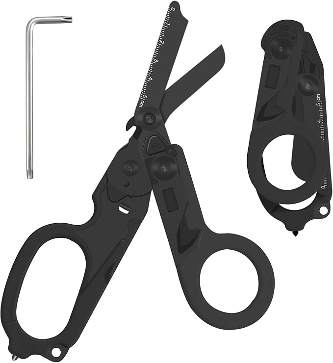 6 in 1 Multifunctional Combination Tool, Folding Retractable Emergency Shears, Outdoor Camping Tools, Seat Belt Cutter, Oxygen Cylinder Wrench, Complimentary Adjustable Wrench (Electroplating black)