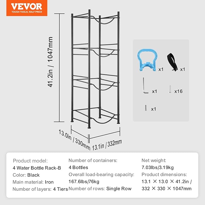 VEVOR 5 Gallon Water Jug Holder, 4 Tiers Water Bottle Holder, Heavy Duty Water Bottle Rack with 4 Slots, Detachable Water Jug Stand for Kitchen, Office, Living Room- Black