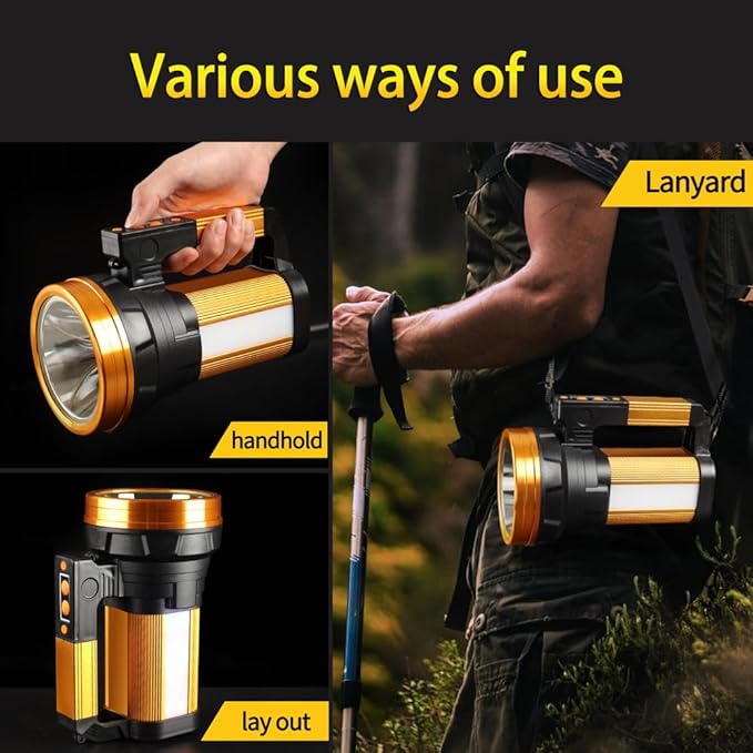 Rechargeable 2000LM Spotlight Flashlight 13600mAh LED Spotlight IP67 Waterproof Handheld Flashlight with Double Side Lights Modes LED Flashligth Outdoor Huting Boat