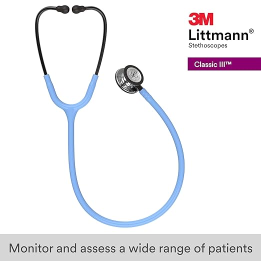 3M Littmann Classic III Monitoring Stethoscope, 5959, More Than 2X as Loud, Weighs Less, Stainless Steel Mirror-Finish Chestpiece, 27" Ceil Blue Tube, Smoke Stem, and Headset