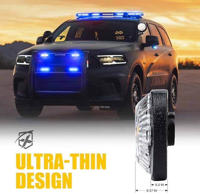 Xprite Blue LED Emergency Strobe Lights Kit, Surface Flush Mount Grill Grille Hazard Warning Safty Flashing Police Light for Volunteer Vehicles Off-Road Trucks Cars SUV ATV UTV Motorcycle - 4PCS