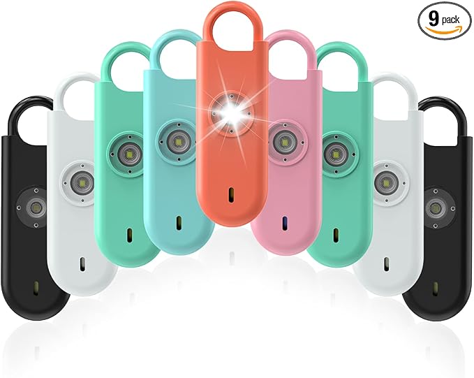 140dB Personal Safety Alarm for Women, 9 Pack Safe Alarm Protection Keychain with Strobe Light & Low Battery Notice, Security Siren Self Defense for Kids Seniors College Girls