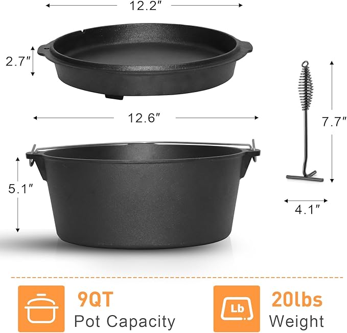 Camping Dutch Oven, 9 Qt Pre-Seasoned Camping Cookware Pot with Lid - Lid Lifter, Cast Iron Dutch Oven with Metal Handle for Cooking BBQ Baking Campfire Modern Black