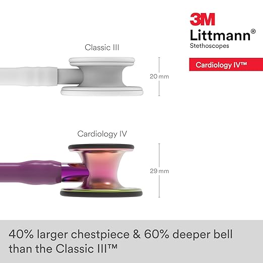 3M Littmann Cardiology IV Diagnostic Stethoscope, 6205, More Than 2X as Loud, Weighs Less, Stainless Steel Rainbow-Finish Chestpiece, 27" Plum Tube, Violet Stem, and Black Headset