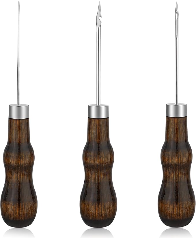ZXIIXZ 3 Pcs Sewing Awl, Leather Scratch Hollow Hook Awl Tool Kit, Awl Tool Sewing Supplies with Gourd Shape Wooden Handle for DIY Leather Sewing Stitching Bookbinding Punching Repairing Craft