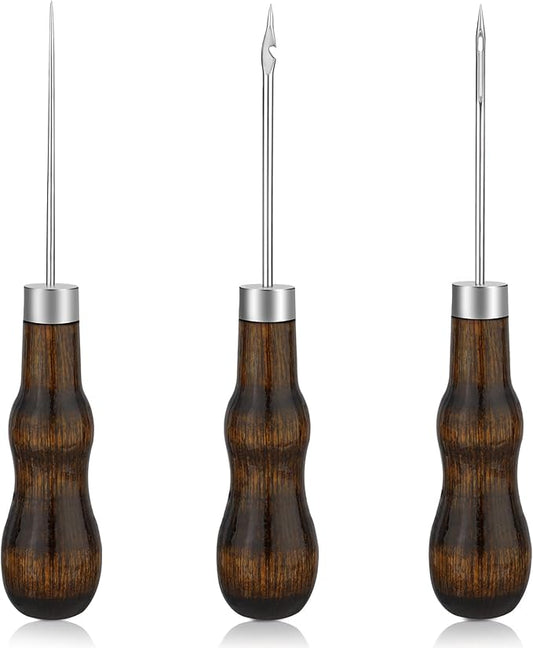 ZXIIXZ 3 Pcs Sewing Awl, Leather Scratch Hollow Hook Awl Tool Kit, Awl Tool Sewing Supplies with Gourd Shape Wooden Handle for DIY Leather Sewing Stitching Bookbinding Punching Repairing Craft