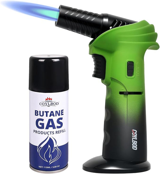 Butane Torch Lighter with Butane Included, 115Ml Butane Refill, 0-90°Rotating Angle Kitchen Torch, Refillable Creme Brulee Torch with Safety Lock, Adjustable Flame for Soldering, Cooking