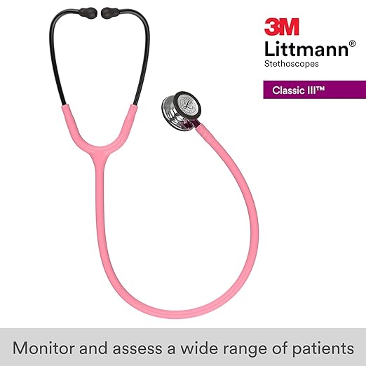 3M Littmann Classic III Monitoring Stethoscope, 5962, More Than+C19:C70 2X as Loud, Weighs Less, Stainless Steel Mirror-Finish Chestpiece, 27" Pearl Pink Tube, Pink Stem, and Smoke Headset