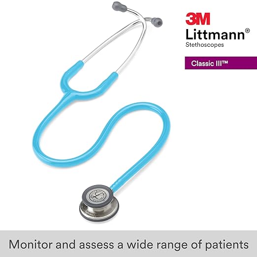 3M Littmann Classic III Monitoring Stethoscope, 5835, More Than 2X as Loud, Weighs Less, Stainless Steel Chestpiece, 27" Turquoise Tube