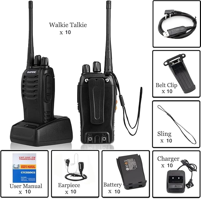 Walkie Talkies for Adults Rechargeable Long Range 16 Channel Professional Walky Talky and Security Headphones Flashlight Li-ion Battery and Charger (10 Pack)