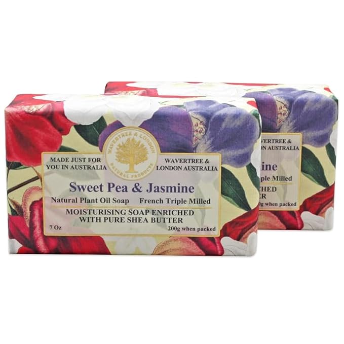 Wavertree & London Sweet Pea & Jasmine Scented Natural Soap (2 Bars), 7oz Moisturizing French Triple Milled Soap Bars enriched with shea butter - Pure Plant Based Bath & Body Bars for All Skin Types