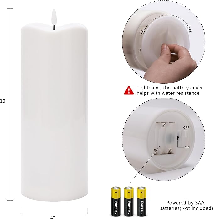 4" x10" Outdoor Flameless Candles with Remote, Large Waterproof Candles Battery Operated, Plastic Flickering LED Candles for Garden Patio Porch Home Party, White 1Pack