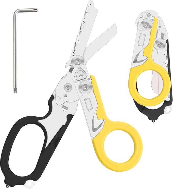 6 in 1 trauma shears, folding emergency shear, Outdoor Camping Tools, Seat Belt Cutter, Oxygen Cylinder Wrench, Complimentary Adjustable Wrench (Black Yellow)