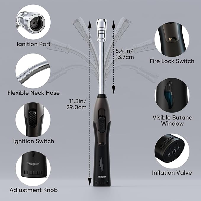Butane Lighter Torch Long Lighter for Grill Fireplace, Refillable Lighter Windproof with Visual Fuel Window Flexible Extra Long Torch Lighter for Camping BBQ Candles (No Butane Included)