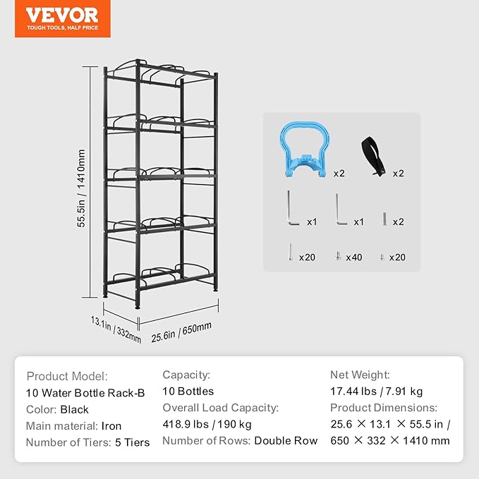 VEVOR 5 Gallon Water Jug Holder, 5 Tiers Double Row Heavy Duty Water Bottle Rack with 10 Slots, Detachable Water Jug Stand for Kitchen, Office, Living Room- Black