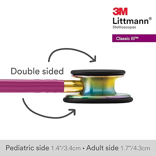 3M Littmann Classic III Monitoring Stethoscope, 5806, More Than 2X as Loud, Weighs Less, Stainless Steel Rainbow-Finish Chestpiece, 27" Raspberry Tube, Brass Stem and Headset